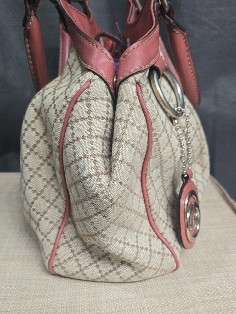 Gucci Sukey Beige Canvas Shoulder Bag with Rose Leather Trim EUC